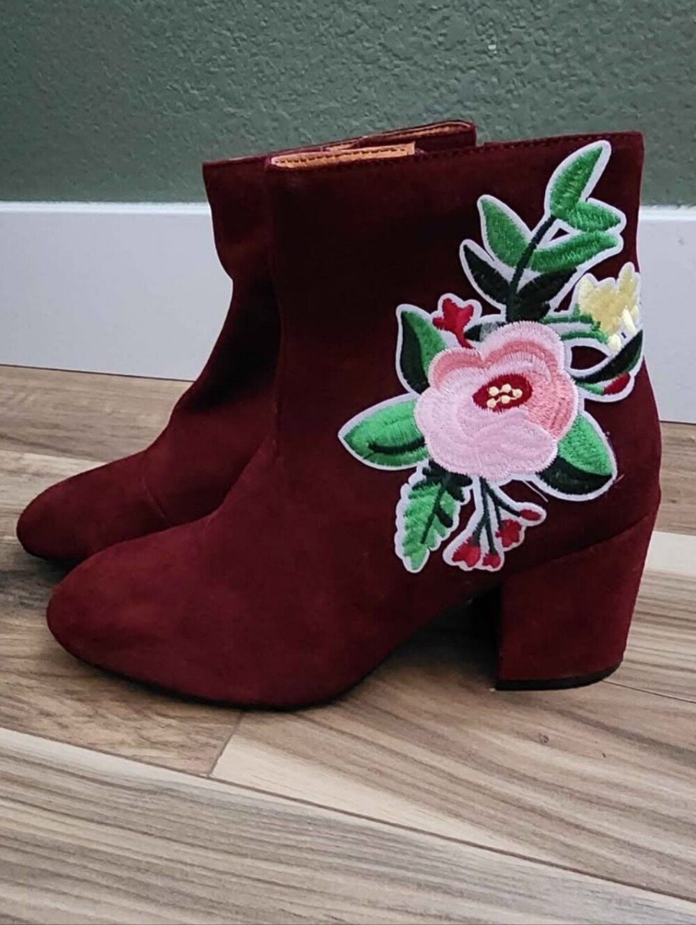Catherine Malandrino Burgundy Suede Ankle Boots with Floral Patch